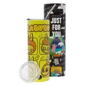 Labubu pink, Neon Yellow Travel Tumbler θερμό, μεταλλικό καλαμάκι(Ανωξείδωτο 304 Food grade, BPA free, 600ml)