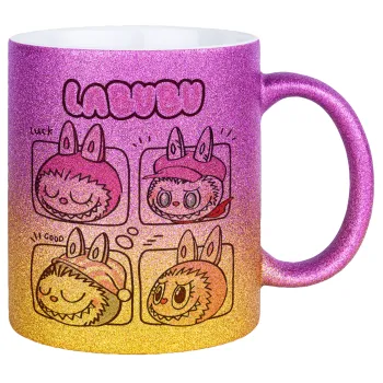 Labubu pink, Κούπα Χρυσή/Ροζ Glitter, κεραμική, 330ml