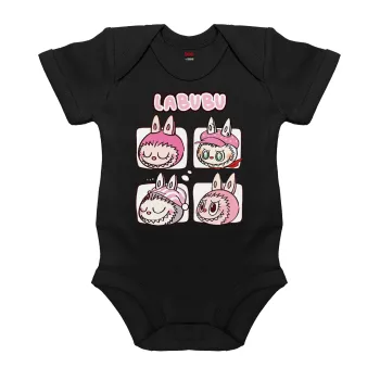 Labubu pink, Βρεφικό φορμάκι μωρού, 0-18 μηνών, ΜΑΥΡΟ, 100% Organic Cotton, κοντομάνικο