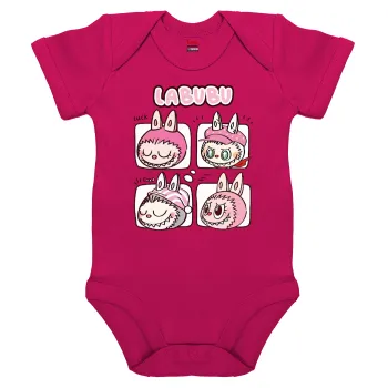 Labubu pink, Βρεφικό φορμάκι μωρού, 0-18 μηνών, ΡΟΖ, 100% Organic Cotton, κοντομάνικο