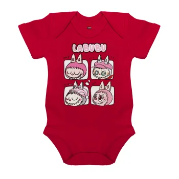 Labubu pink, Βρεφικό φορμάκι μωρού, ΚΟΚΚΙΝΟ, 100% Organic Cotton, κοντομάνικο
