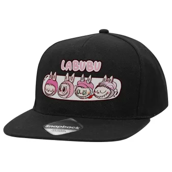 Labubu pink, Adult Flat Snapback Hat Black, (100% COTTON TWILL, ADULT, UNISEX, ONE SIZE)