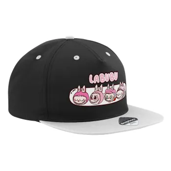 Labubu pink, Καπέλο Ενηλίκων Flat Snapback Μαύρο/Γκρι, (100% ΒΑΜΒΑΚΕΡΟ TWILL, ΕΝΗΛΙΚΩΝ, UNISEX, ONE SIZE)