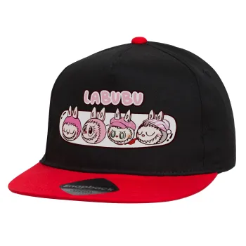 Labubu pink, Καπέλο παιδικό Flat Snapback, Μαύρο/Κόκκινο (100% ΒΑΜΒΑΚΕΡΟ, ΠΑΙΔΙΚΟ, UNISEX, ONE SIZE)
