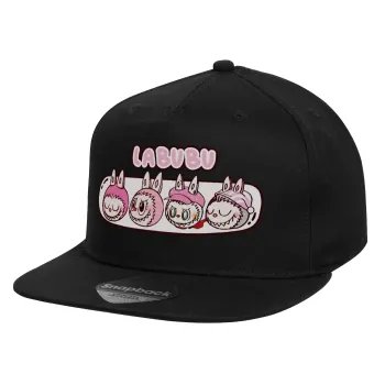 Labubu pink, Καπέλο παιδικό Flat Snapback, Μαύρο (100% ΒΑΜΒΑΚΕΡΟ, ΠΑΙΔΙΚΟ, UNISEX, ONE SIZE)