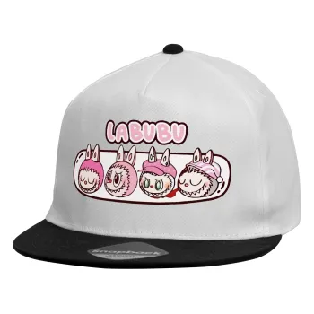 Labubu pink, Καπέλο παιδικό Flat Snapback, Λευκό (100% ΒΑΜΒΑΚΕΡΟ, ΠΑΙΔΙΚΟ, UNISEX, ONE SIZE)