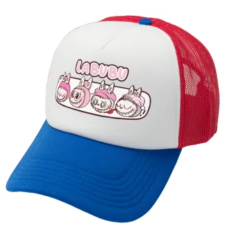 Labubu pink, Καπέλο Ενηλίκων Soft Trucker με Δίχτυ Red/Blue/White (POLYESTER, ΕΝΗΛΙΚΩΝ, UNISEX, ONE SIZE)