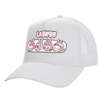Labubu pink, Καπέλο Ενηλίκων Structured Trucker, με Δίχτυ, ΛΕΥΚΟ (100% ΒΑΜΒΑΚΕΡΟ, ΕΝΗΛΙΚΩΝ, UNISEX, ONE SIZE)