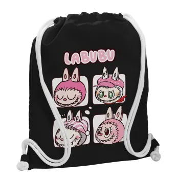 Labubu pink, Τσάντα πλάτης πουγκί GYMBAG Μαύρη, με τσέπη (40x48cm) & χονδρά λευκά κορδόνια