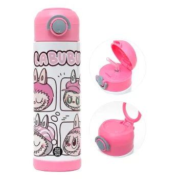 Labubu pink, Παιδικό παγούρι θερμό, ανοξείδωτο, με καλαμάκι ασφαλείας, ΡΟΖ (500ml)