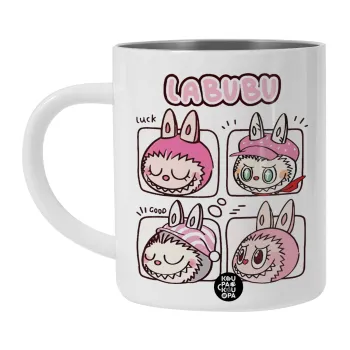 Labubu pink, Λευκή Ανοξείδωτη Μεταλλική Κούπα 450ml - Διπλού Τοιχώματος 