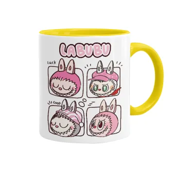 Labubu pink, Κούπα χρωματιστή κίτρινη, κεραμική, 330ml