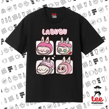 Labubu pink, Κλασικό T-Shirt, διπλής ραφής, χωρίς πλευρικές ραφές ΜΑΥΡΟ από 100% βαμβάκι. Vegan & OEKO-TEX πιστοποιημένο.