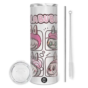 Labubu pink, Tumbler ποτήρι θερμό από ανοξείδωτο ατσάλι 600ml, με μεταλλικό καλαμάκι & βούρτσα καθαρισμού