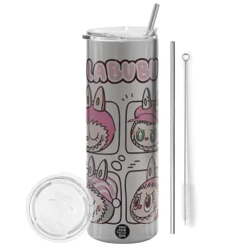 Labubu pink, Tumbler stainless steel Silver 600ml, with metal straw & cleaning brush