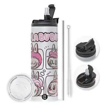 Labubu pink, Travel Tumbler 2 Lids, with metal straw & cleaning brush (Stainless steel 304 Food grade, BPA free, 600ml)