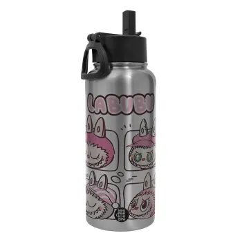 Labubu pink, Metal mug thermo Silver with Straw and Spout Lid (Stainless steel), double wall, 950ml