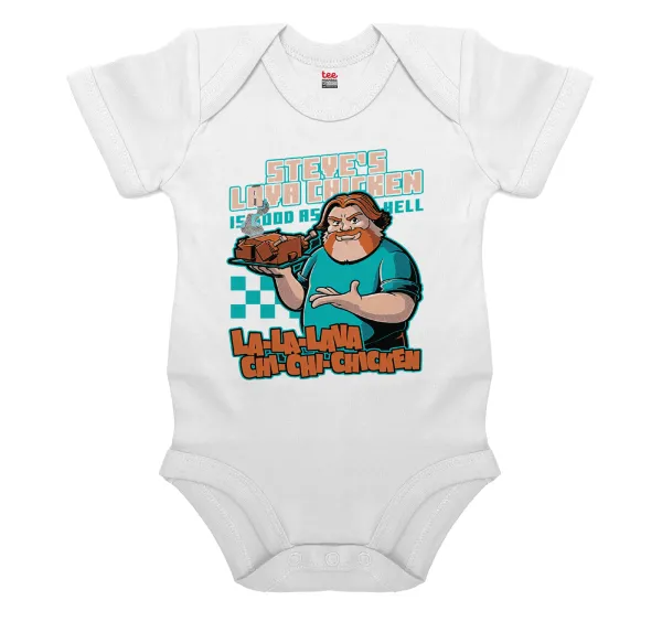 Steves Lava Chicken — Short-sleeve baby bodysuit, 0-24 months, WHITE, 100% organic cotton