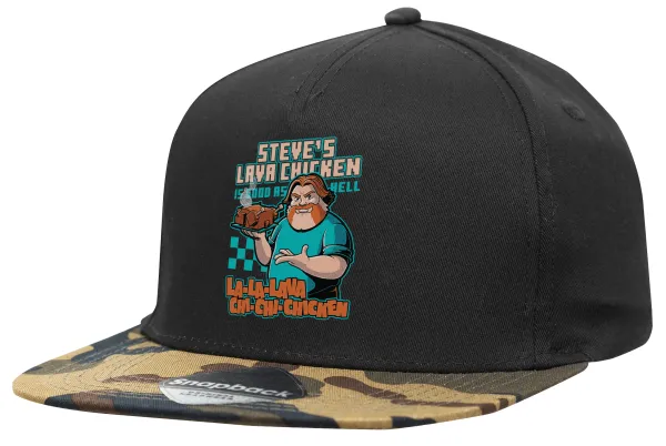 Steves Lava Chicken — Adult Flat Snapback Hat Black/Camouflage, (100% COTTON TWILL, ADULT, UNISEX, ONE SIZE)