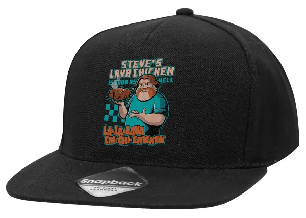 Steves Lava Chicken — Adult Flat Snapback Hat Black, (100% COTTON TWILL, ADULT, UNISEX, ONE SIZE)