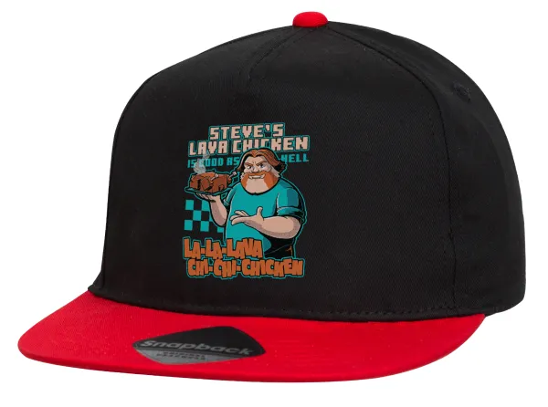 Steves Lava Chicken — Flat Snapback Hat, Black/Red (100% COTTON, UNISEX, ONE SIZE)