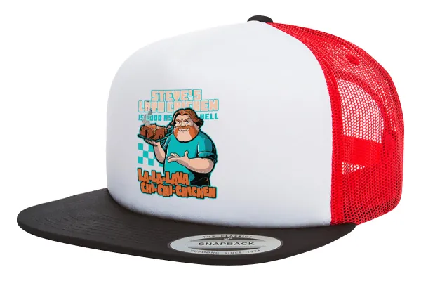 Steves Lava Chicken — Adult Foam Flat Snapback with Mesh Black-White-Red (POLYESTER, ADULT, UNISEX, ONE SIZE)