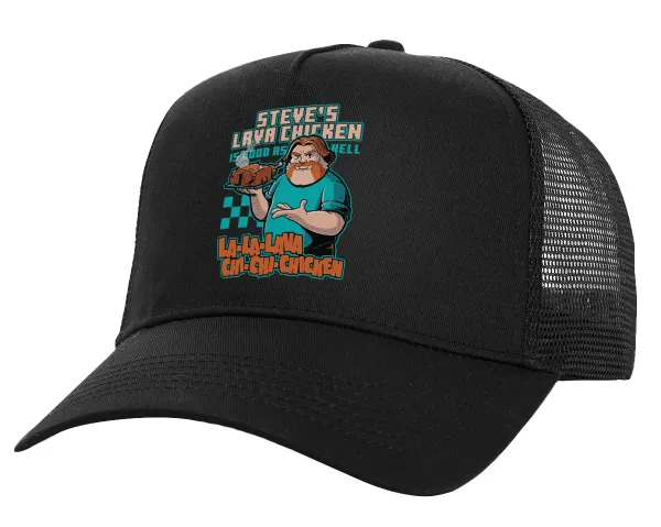Steves Lava Chicken — Structured Trucker Adult Hat, with Mesh, Black (100% COTTON, ADULT, UNISEX, ONE SIZE)