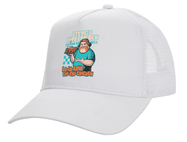 Steves Lava Chicken — Structured Trucker Adult Hat, with Mesh, WHITE (100% COTTON, ADULT, UNISEX, ONE SIZE)
