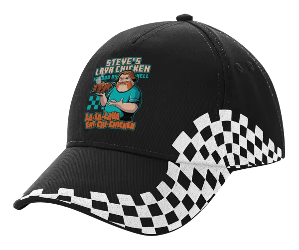 Steves Lava Chicken — Adult Ultimate BLACK RACING Cap, (100% COTTON DRILL, ADULT, UNISEX, ONE SIZE)