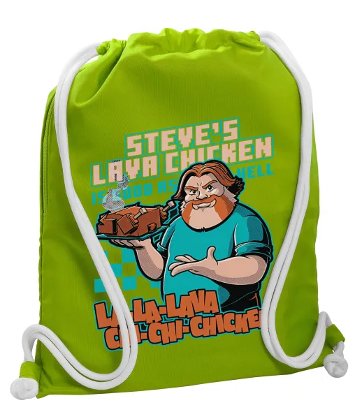 Steves Lava Chicken — Backpack bag GYMBAG LIME GREEN, with pocket (40x48cm) & thick cords