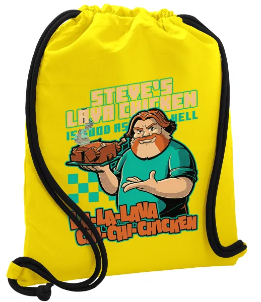 Steves Lava Chicken — Τσάντα πλάτης πουγκί GYMBAG Κίτρινη, με τσέπη (40x48cm) & χονδρά κορδόνια