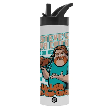 Steves Lava Chicken, Μεταλλικό παγούρι θερμός με καλαμάκι & χειρολαβή, ανοξείδωτο ατσάλι (Stainless steel 304), διπλού τοιχώματος, 600ml