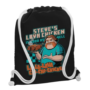 Steves Lava Chicken, Τσάντα πλάτης πουγκί GYMBAG Μαύρη, με τσέπη (40x48cm) & χονδρά λευκά κορδόνια
