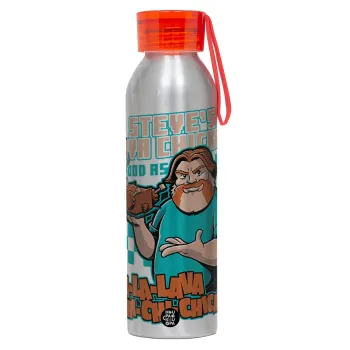 Steves Lava Chicken, Αλουμινένιο Αθλητικό Μπουκάλι 650ml – Ασημί με Κόκκινο Καπάκι και Λουράκι Σιλικόνης