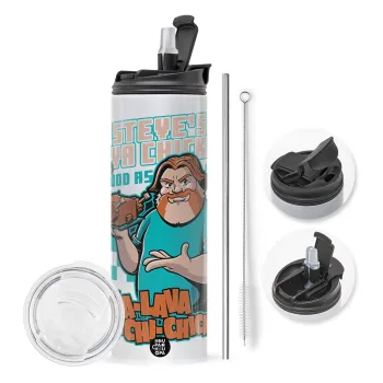 Steves Lava Chicken, Travel Tumbler 2 Lids, with metal straw & cleaning brush (Stainless steel 304 Food grade, BPA free, 600ml)