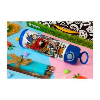 One Piece, Πασχαλινή Λαμπάδα με Παιδικό παγούρι θερμό, ανοξείδωτο, με καλαμάκι ασφαλείας, ΜΠΛΕ (500ml)