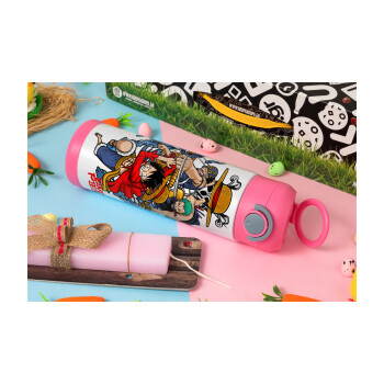 One Piece, Πασχαλινή Λαμπάδα με Παιδικό παγούρι θερμό, ανοξείδωτο, με καλαμάκι ασφαλείας, ΡΟΖ (500ml)