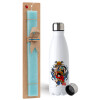Easter Set, metallic stainless steel water bottle (750ml) & aromatic flat Easter candle (30cm) (TURQUOISE)
