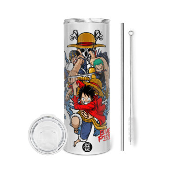 One Piece, Tumbler ποτήρι θερμό από ανοξείδωτο ατσάλι 600ml, με μεταλλικό καλαμάκι & βούρτσα καθαρισμού