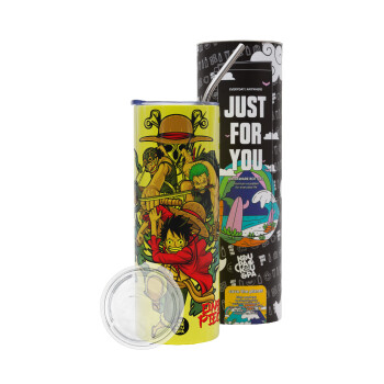 One Piece, Neon Yellow Travel Tumbler θερμό, μεταλλικό καλαμάκι(Ανωξείδωτο 304 Food grade, BPA free, 600ml)