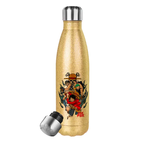 One Piece — Glitter gold stainless steel thermos bottle, double-walled, 500ml