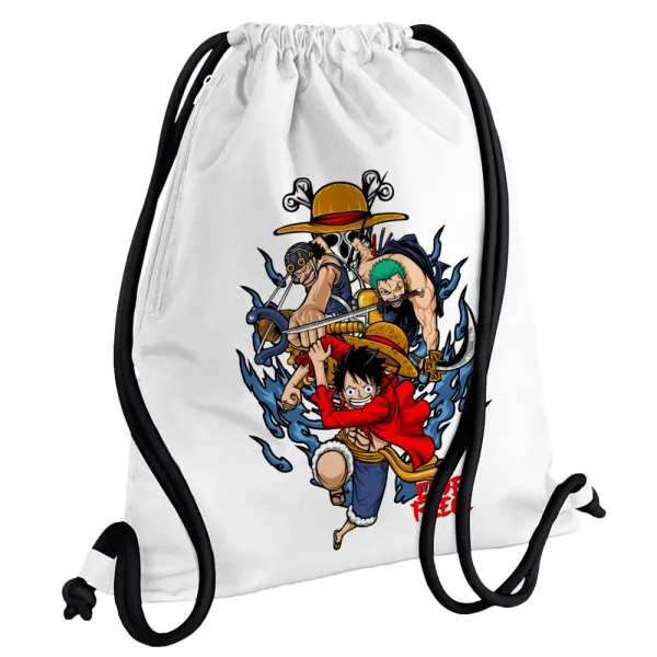 One Piece — Τσάντα πλάτης πουγκί GYMBAG λευκή, με τσέπη (40x48cm) & χονδρά κορδόνια
