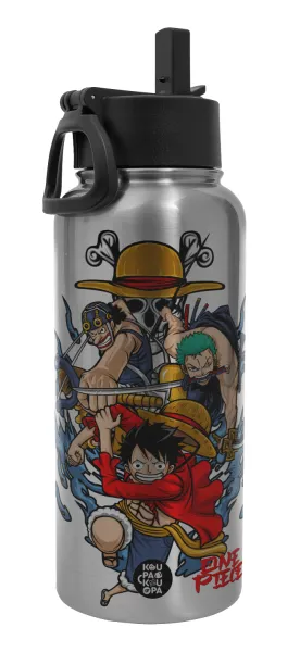 One Piece — Μεταλλικό παγούρι θερμός Silver με καλαμάκι και χερούλι (Stainless steel), διπλού τοιχώματος, 950ml