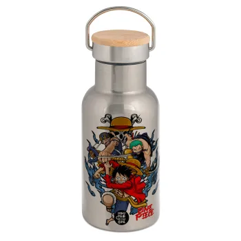 One Piece, Μεταλλικό παγούρι θερμός (Stainless steel) Ασημένιο με ξύλινο καπακι (bamboo), διπλού τοιχώματος, 350ml