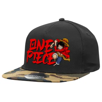 One Piece, Καπέλο Ενηλίκων Flat Snapback Μαύρο/Παραλλαγή, (100% ΒΑΜΒΑΚΕΡΟ TWILL, ΕΝΗΛΙΚΩΝ, UNISEX, ONE SIZE)