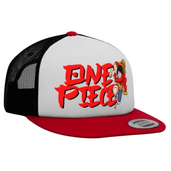 One Piece, Καπέλο Ενηλίκων Foam Flat Snapback με Δίχτυ Κόκκινο-Λευκό-Μαύρο (POLYESTER, ΕΝΗΛΙΚΩΝ, UNISEX, ONE SIZE)