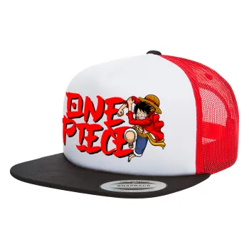 One Piece, Καπέλο Ενηλίκων Foam Flat Snapback με Δίχτυ Μαύρο-Λευκό-Κόκκινο (POLYESTER, ΕΝΗΛΙΚΩΝ, UNISEX, ONE SIZE)
