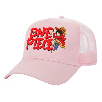 One Piece, Adult Structured Trucker Hat, with Mesh, PINK (100% COTTON, ADULT, UNISEX, ONE SIZE)