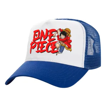 One Piece, Καπέλο Ενηλίκων Structured Trucker, με Δίχτυ, ΛΕΥΚΟ/ΜΠΛΕ (100% ΒΑΜΒΑΚΕΡΟ, ΕΝΗΛΙΚΩΝ, UNISEX, ONE SIZE)