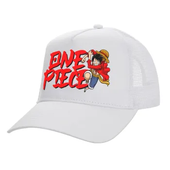 One Piece, Καπέλο Ενηλίκων Structured Trucker, με Δίχτυ, ΛΕΥΚΟ (100% ΒΑΜΒΑΚΕΡΟ, ΕΝΗΛΙΚΩΝ, UNISEX, ONE SIZE)